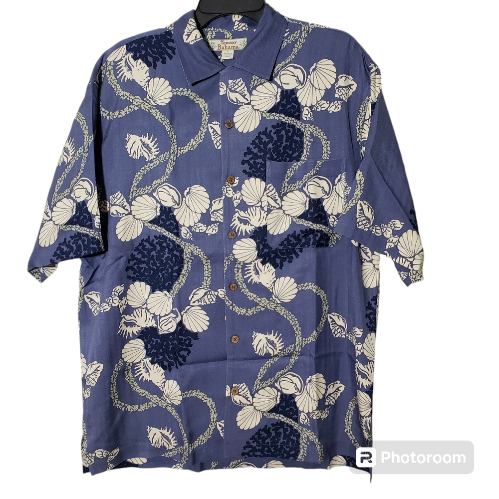 Vintage Tommy Bahama  Seashell Silk Shirt Sz M Oversized Loose Fit Coastal Beach